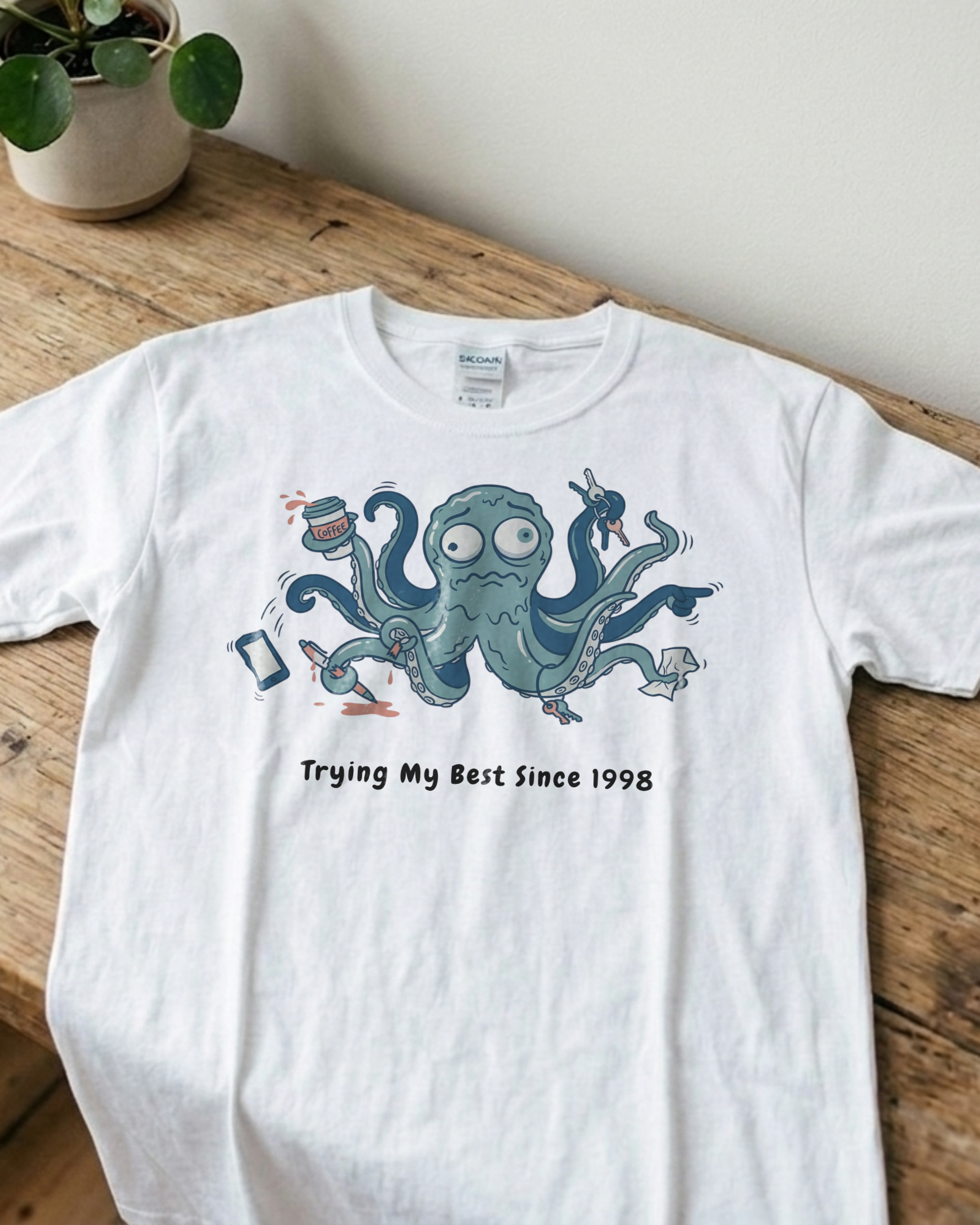 Octopus Multi-Tasking Tee — "Trying My Best Since 1998" Cute Cartoon Graphic T-Shirt - Image 2