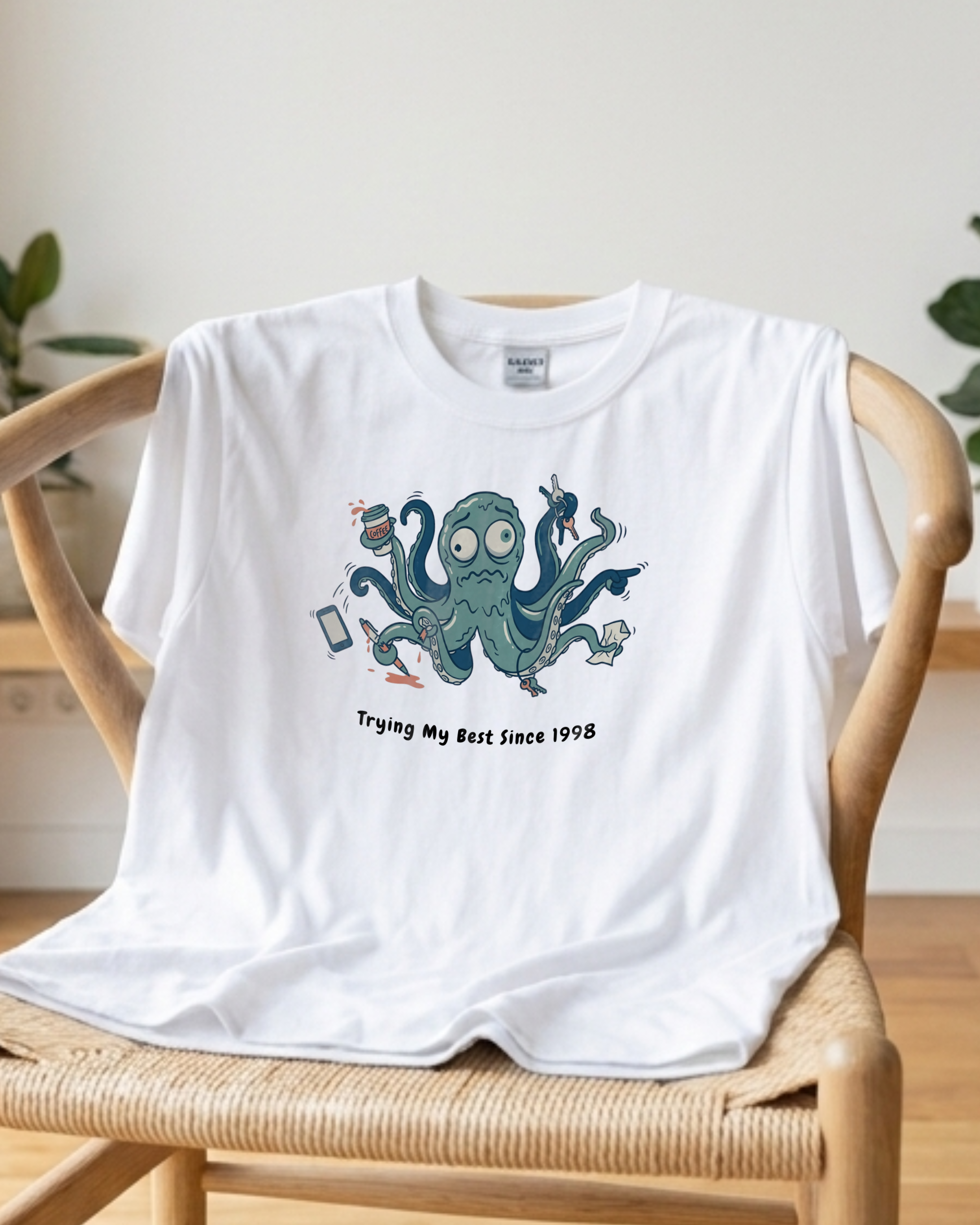 Octopus Multi-Tasking Tee — "Trying My Best Since 1998" Cute Cartoon Graphic T-Shirt - Image 3