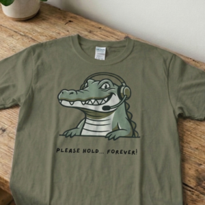 Crocodile Headphones T-Shirt — Cute 'Please Hold Forever' Graphic Tee