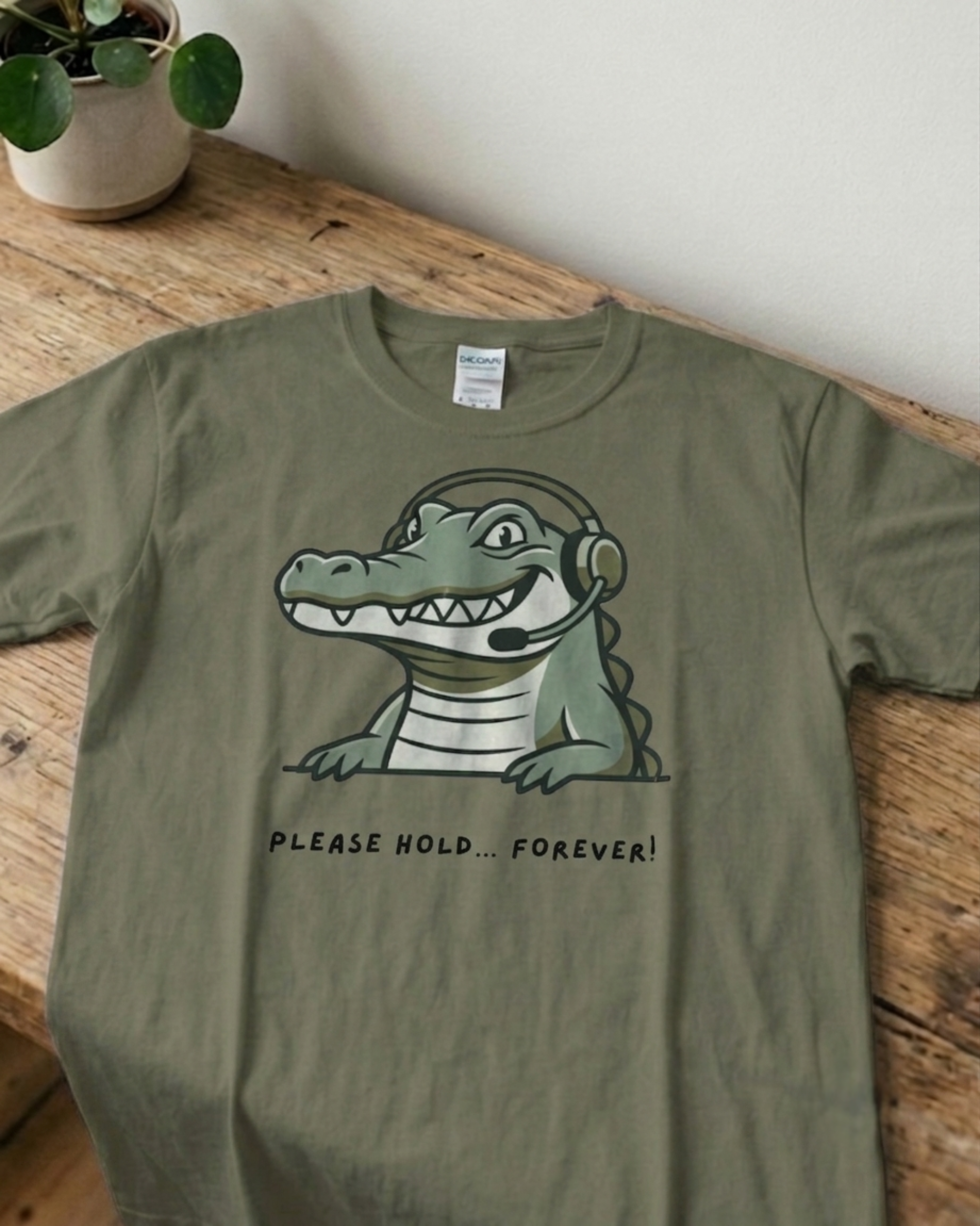 Crocodile Headphones T-Shirt — Cute 'Please Hold Forever' Graphic Tee