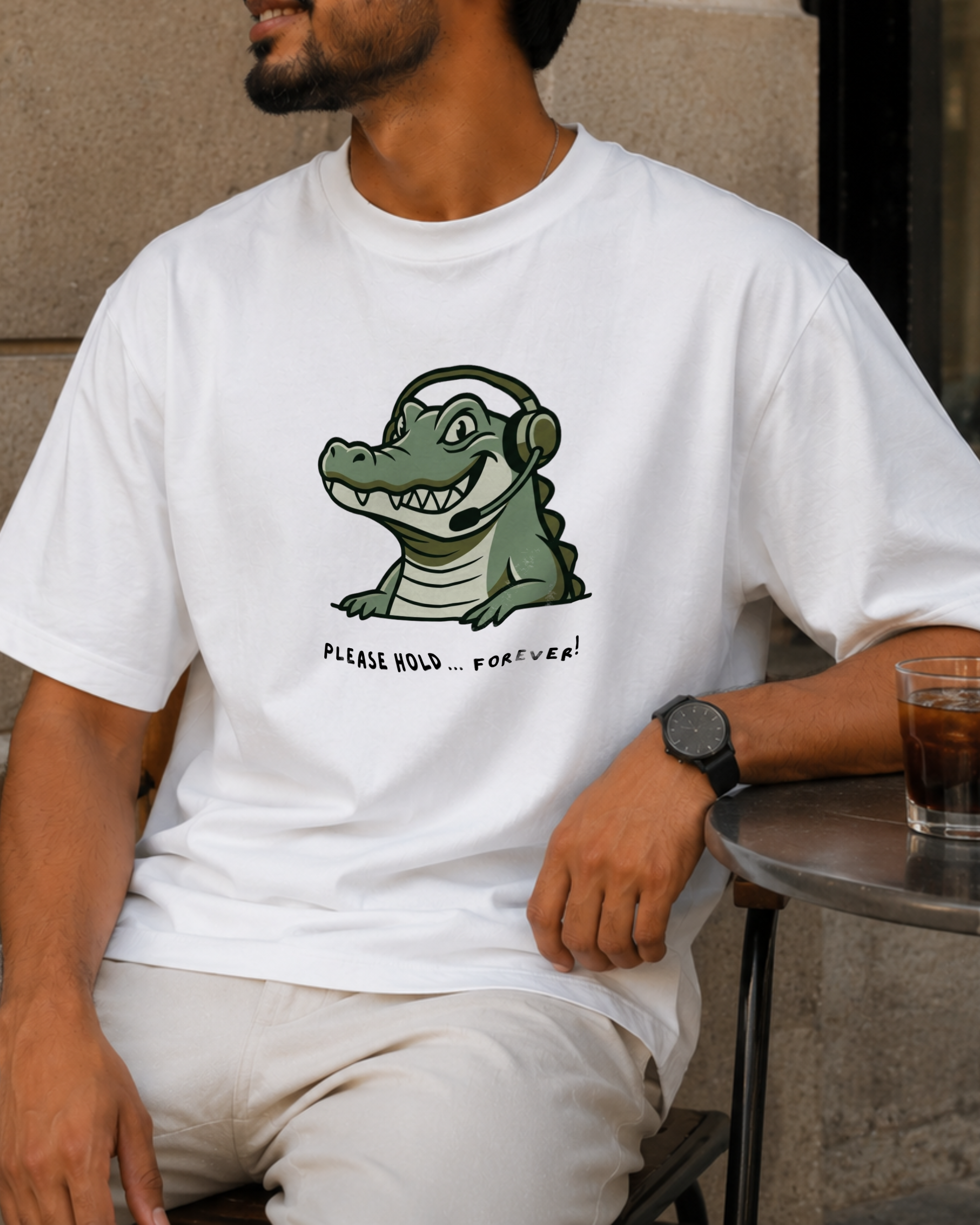 Crocodile Headphones T-Shirt — Cute 'Please Hold Forever' Graphic Tee - Image 2